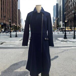 Venus Asymmetrical Zipper‎ Navy Blue Long Coat 2 Chic Women's Outerwear Elegant